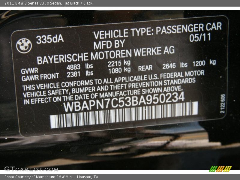 Jet Black / Black 2011 BMW 3 Series 335d Sedan