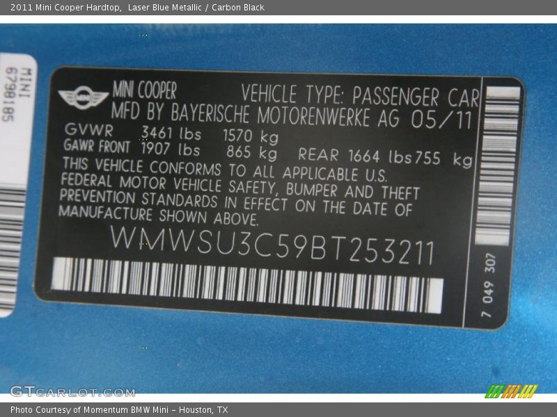 Laser Blue Metallic / Carbon Black 2011 Mini Cooper Hardtop