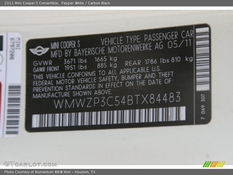 Pepper White / Carbon Black 2011 Mini Cooper S Convertible