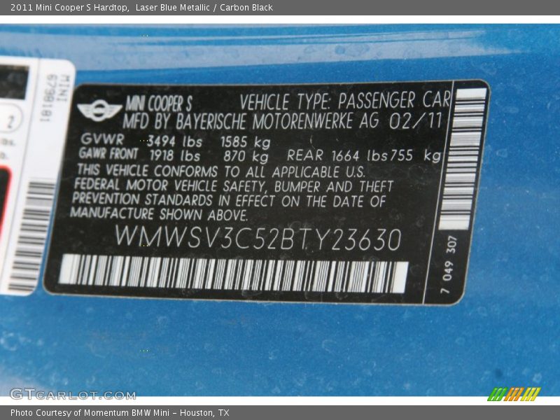 Laser Blue Metallic / Carbon Black 2011 Mini Cooper S Hardtop