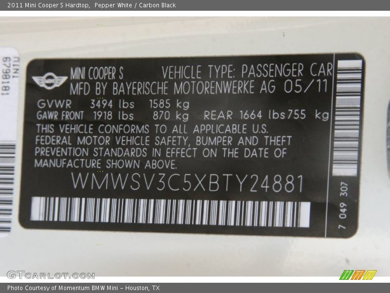 Pepper White / Carbon Black 2011 Mini Cooper S Hardtop