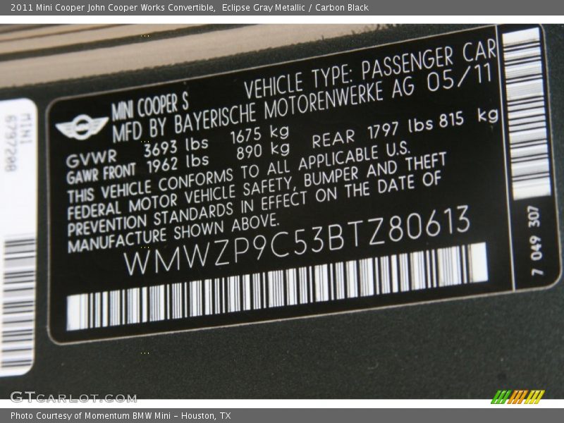 Eclipse Gray Metallic / Carbon Black 2011 Mini Cooper John Cooper Works Convertible