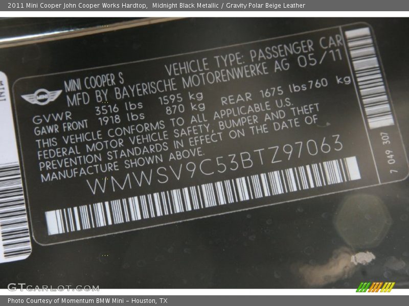 Midnight Black Metallic / Gravity Polar Beige Leather 2011 Mini Cooper John Cooper Works Hardtop