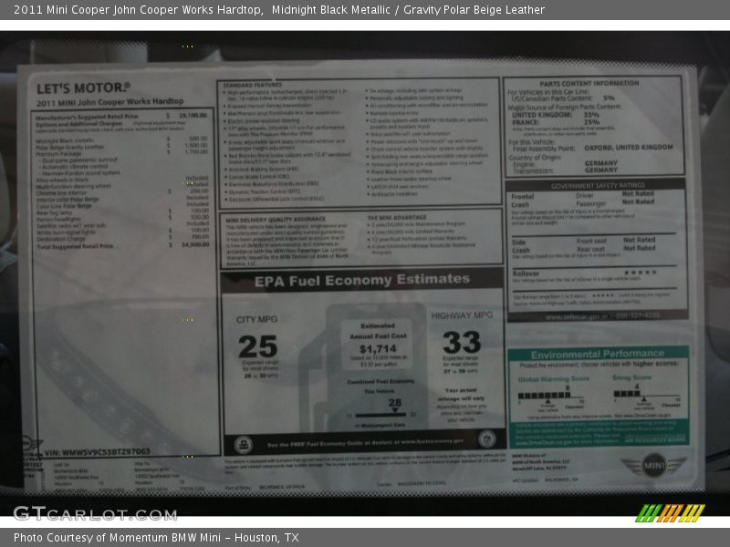  2011 Cooper John Cooper Works Hardtop Window Sticker