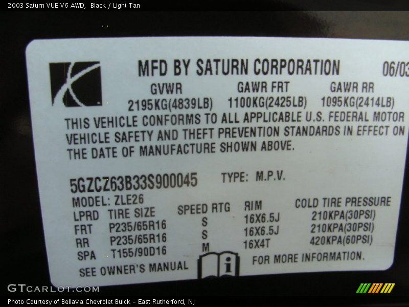 Black / Light Tan 2003 Saturn VUE V6 AWD