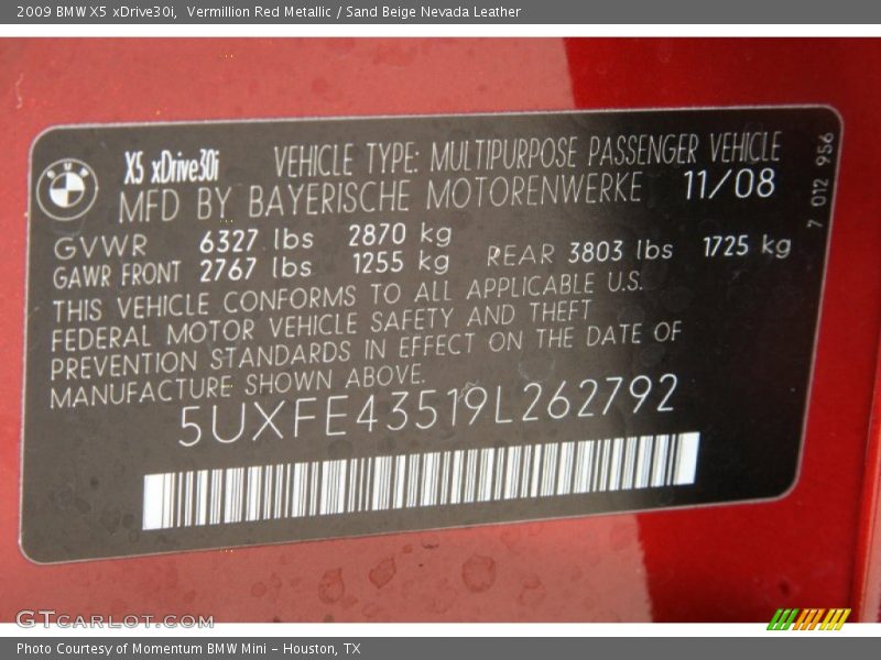 Vermillion Red Metallic / Sand Beige Nevada Leather 2009 BMW X5 xDrive30i