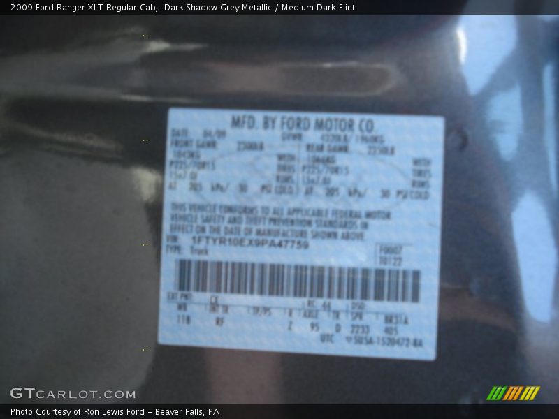 Dark Shadow Grey Metallic / Medium Dark Flint 2009 Ford Ranger XLT Regular Cab