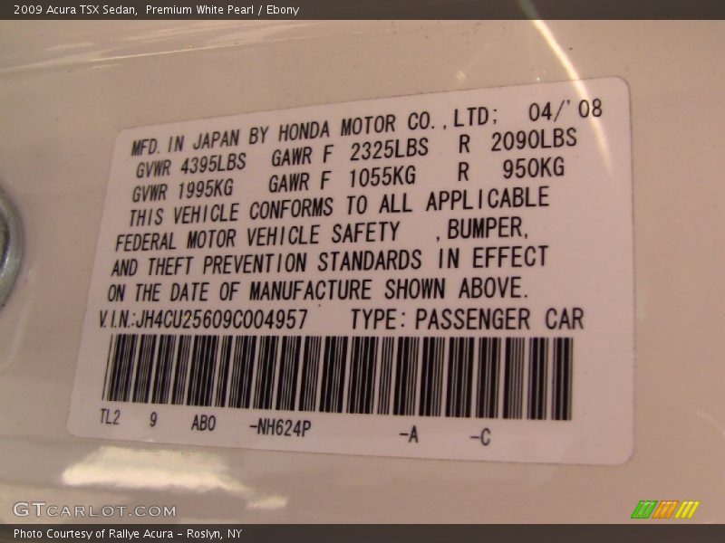 2009 TSX Sedan Premium White Pearl Color Code NH624P