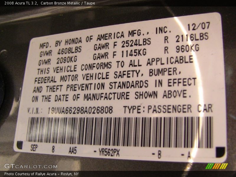 Carbon Bronze Metallic / Taupe 2008 Acura TL 3.2