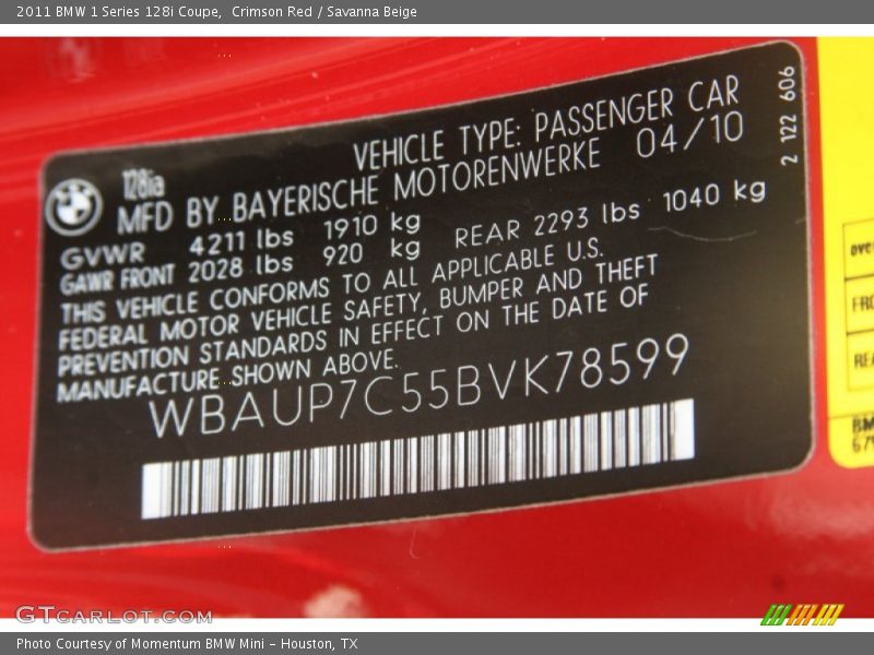 Crimson Red / Savanna Beige 2011 BMW 1 Series 128i Coupe
