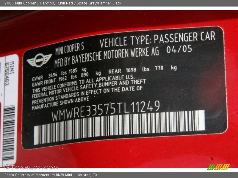 Chili Red / Space Grey/Panther Black 2005 Mini Cooper S Hardtop