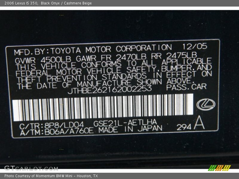 Black Onyx / Cashmere Beige 2006 Lexus IS 350