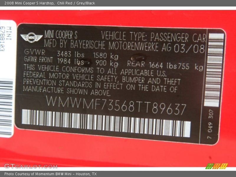 Chili Red / Grey/Black 2008 Mini Cooper S Hardtop
