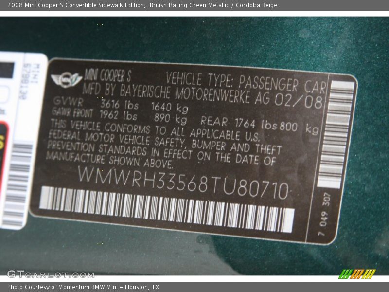 British Racing Green Metallic / Cordoba Beige 2008 Mini Cooper S Convertible Sidewalk Edition