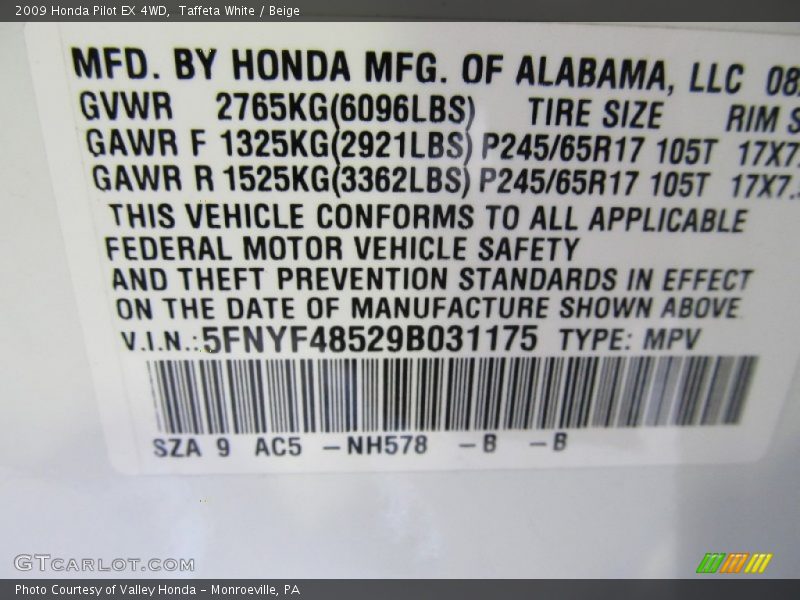 2009 Pilot EX 4WD Taffeta White Color Code NH578