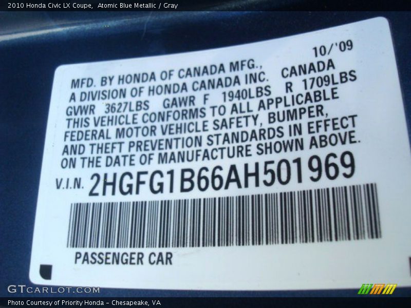 Atomic Blue Metallic / Gray 2010 Honda Civic LX Coupe