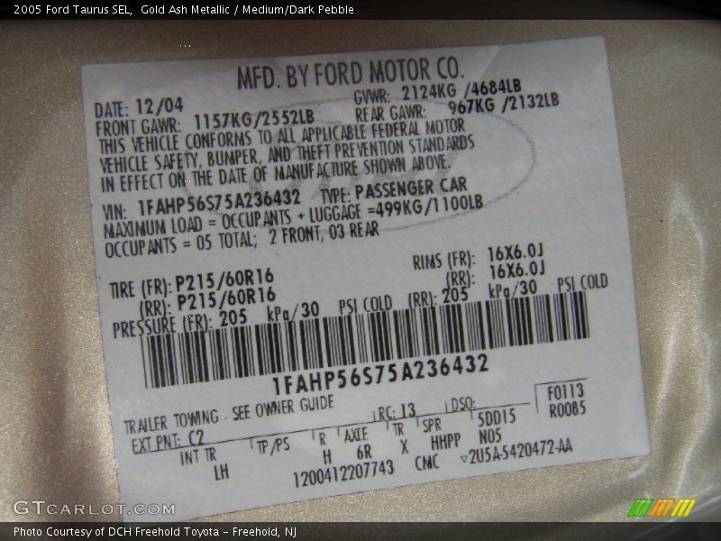 2005 Taurus SEL Gold Ash Metallic Color Code C2