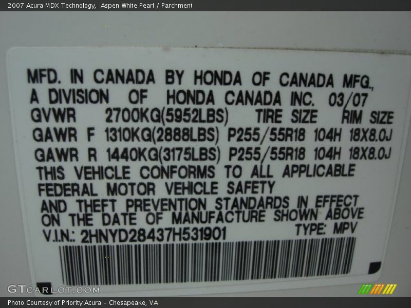 Aspen White Pearl / Parchment 2007 Acura MDX Technology
