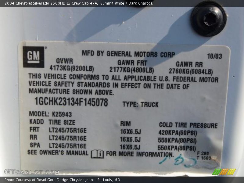Info Tag of 2004 Silverado 2500HD LS Crew Cab 4x4