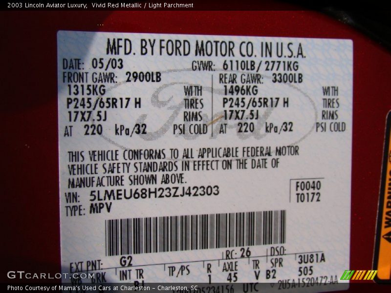 2003 Aviator Luxury Vivid Red Metallic Color Code G2