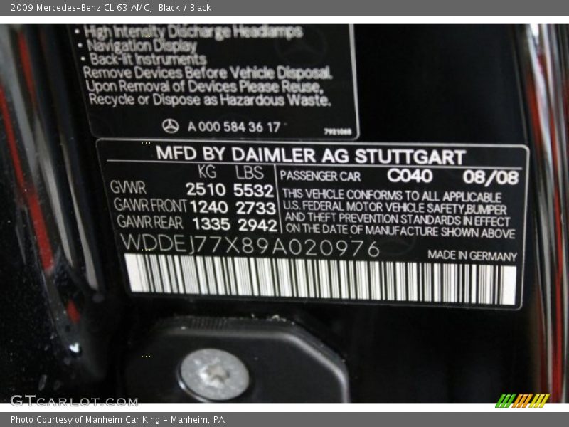 2009 CL 63 AMG Black Color Code 040