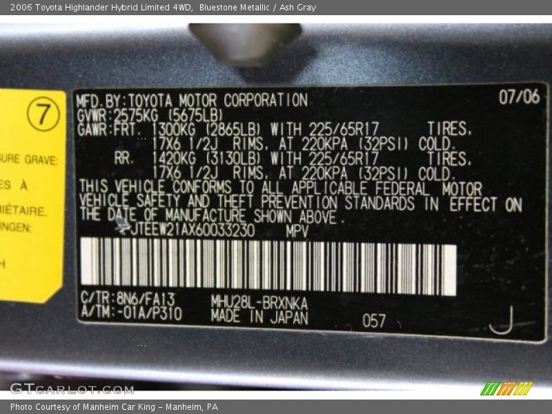 Bluestone Metallic / Ash Gray 2006 Toyota Highlander Hybrid Limited 4WD