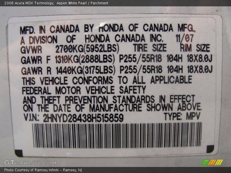 Aspen White Pearl / Parchment 2008 Acura MDX Technology