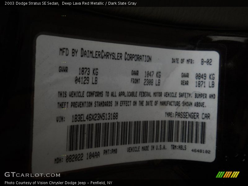 Deep Lava Red Metallic / Dark Slate Gray 2003 Dodge Stratus SE Sedan