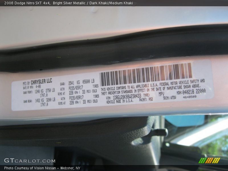 Bright Silver Metallic / Dark Khaki/Medium Khaki 2008 Dodge Nitro SXT 4x4