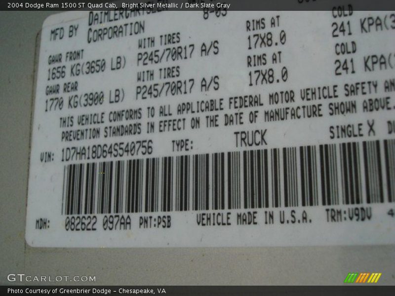 Bright Silver Metallic / Dark Slate Gray 2004 Dodge Ram 1500 ST Quad Cab