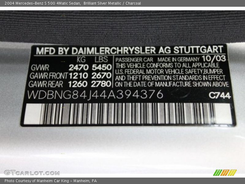 2004 S 500 4Matic Sedan Brilliant Silver Metallic Color Code 744