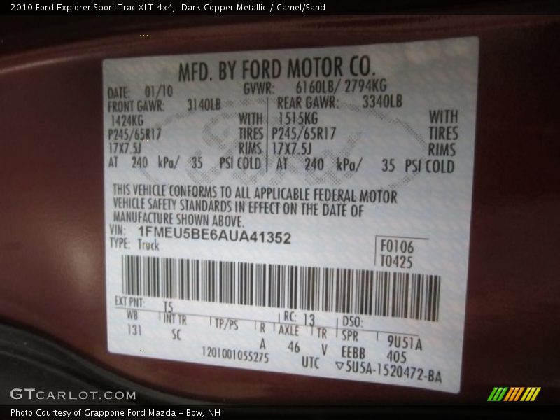 2010 Explorer Sport Trac XLT 4x4 Dark Copper Metallic Color Code T5
