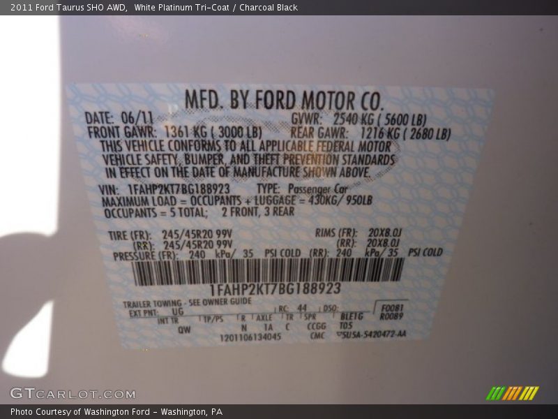 2011 Taurus SHO AWD White Platinum Tri-Coat Color Code UG
