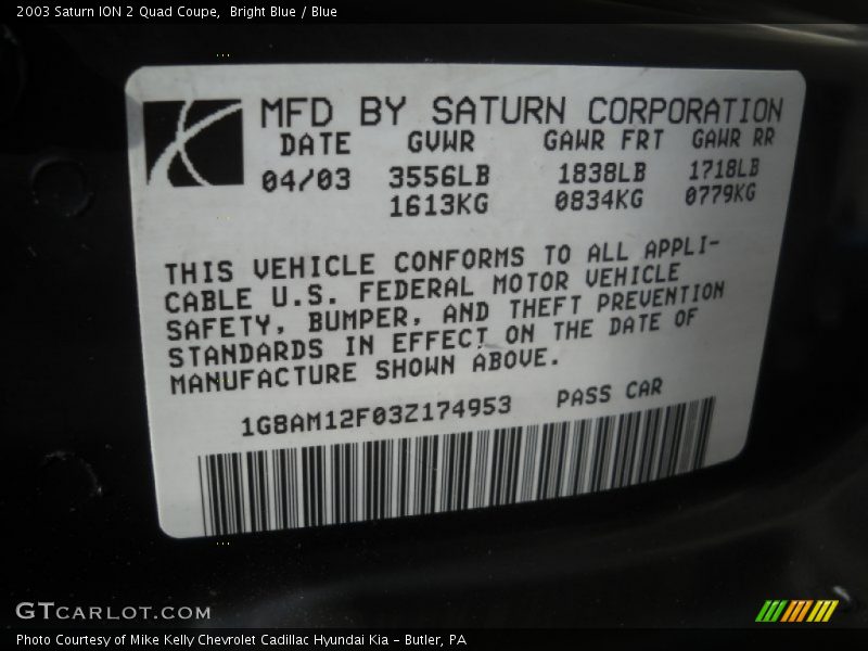 Bright Blue / Blue 2003 Saturn ION 2 Quad Coupe