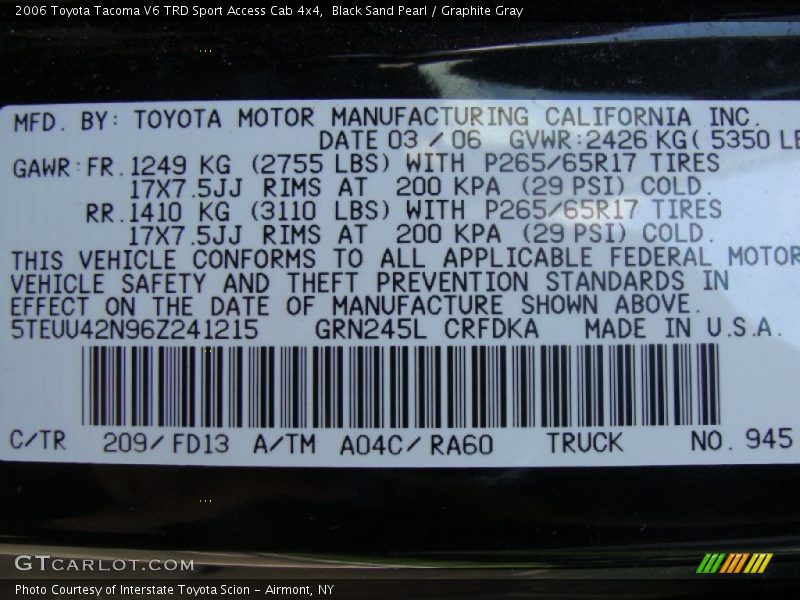 Black Sand Pearl / Graphite Gray 2006 Toyota Tacoma V6 TRD Sport Access Cab 4x4
