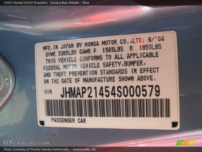 Info Tag of 2004 S2000 Roadster