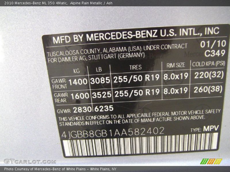 2010 ML 350 4Matic Alpine Rain Metallic Color Code 349