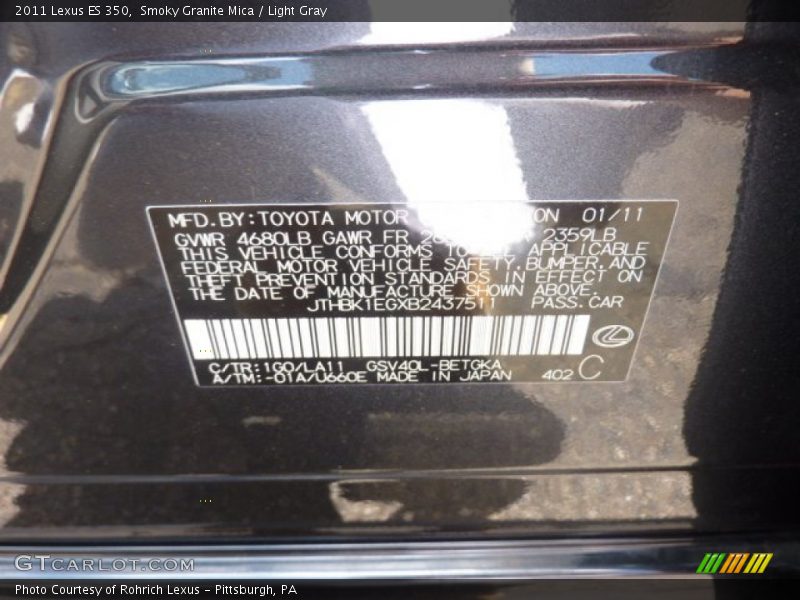 Smoky Granite Mica / Light Gray 2011 Lexus ES 350