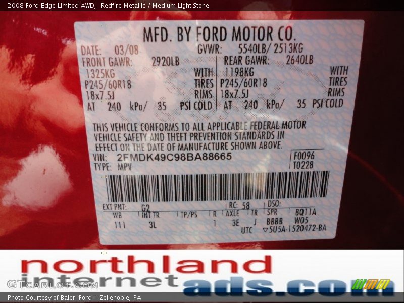 Redfire Metallic / Medium Light Stone 2008 Ford Edge Limited AWD