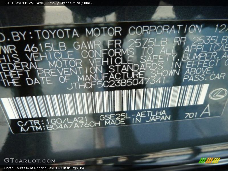 2011 IS 250 AWD Smoky Granite Mica Color Code 1G0