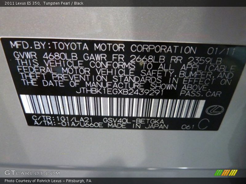 2011 ES 350 Tungsten Pearl Color Code 1G1
