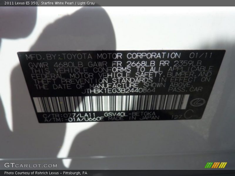 Starfire White Pearl / Light Gray 2011 Lexus ES 350