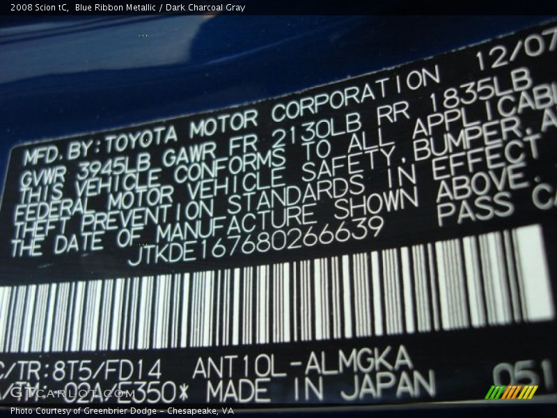 Blue Ribbon Metallic / Dark Charcoal Gray 2008 Scion tC