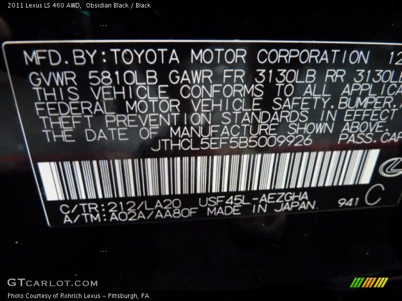2011 LS 460 AWD Obsidian Black Color Code 212