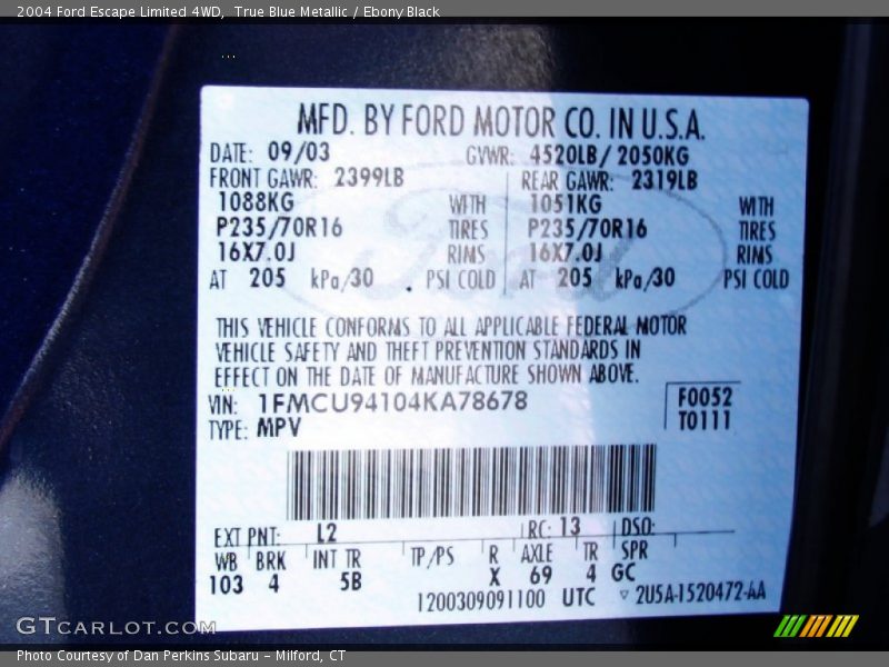 2004 Escape Limited 4WD True Blue Metallic Color Code L2