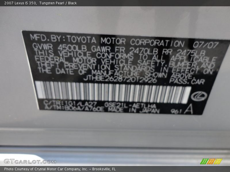 Tungsten Pearl / Black 2007 Lexus IS 350