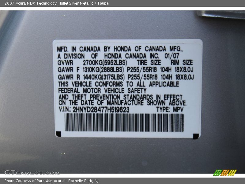 Billet Silver Metallic / Taupe 2007 Acura MDX Technology