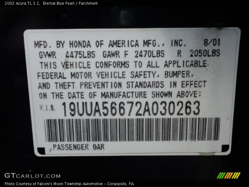 Eternal Blue Pearl / Parchment 2002 Acura TL 3.2