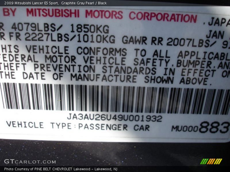 Graphite Gray Pearl / Black 2009 Mitsubishi Lancer ES Sport