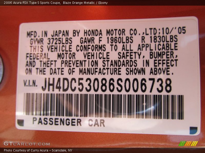 Blaze Orange Metallic / Ebony 2006 Acura RSX Type S Sports Coupe